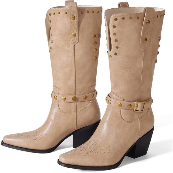 Womens Beige Faux Leather Mid Calf Square Toe Block Chunky Heel Studded Boots - Picture 6 of 6